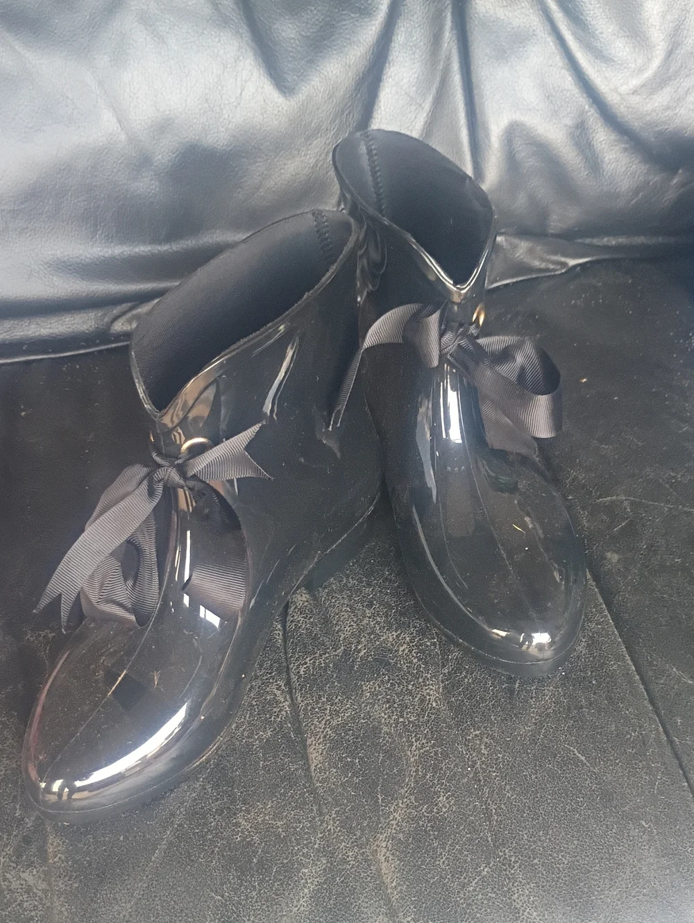 Black Gloss Rain Ankle Boots with Ribbon Tie